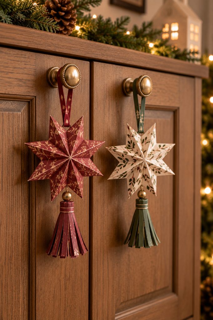 Folded paper star tassels hanging from two cabinet knobs in a Christmas interior.
