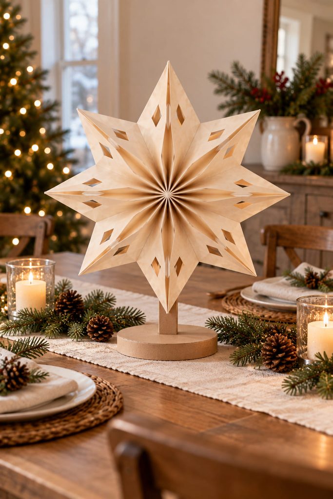 Freestanding paper bag star centerpiece supported upright on a broad low base.