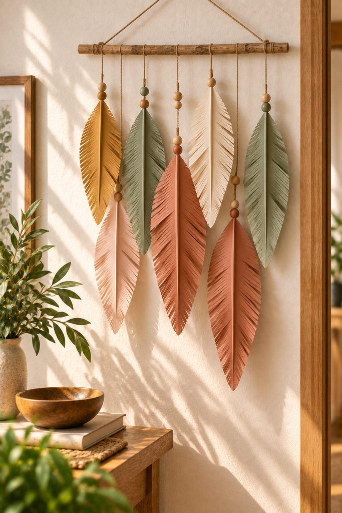 Fringed folded paper feathers suspended in a textured wall hanging.