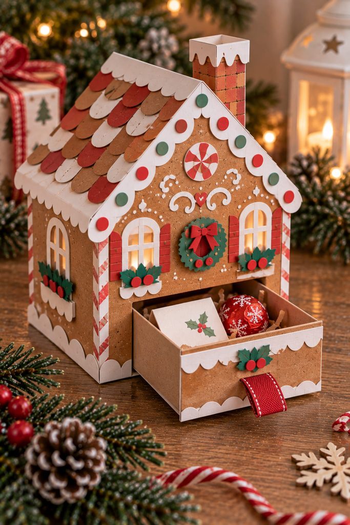 Gingerbread house advent drawer pulled open from a rigid paper sleeve with a note and wrapped candy inside.