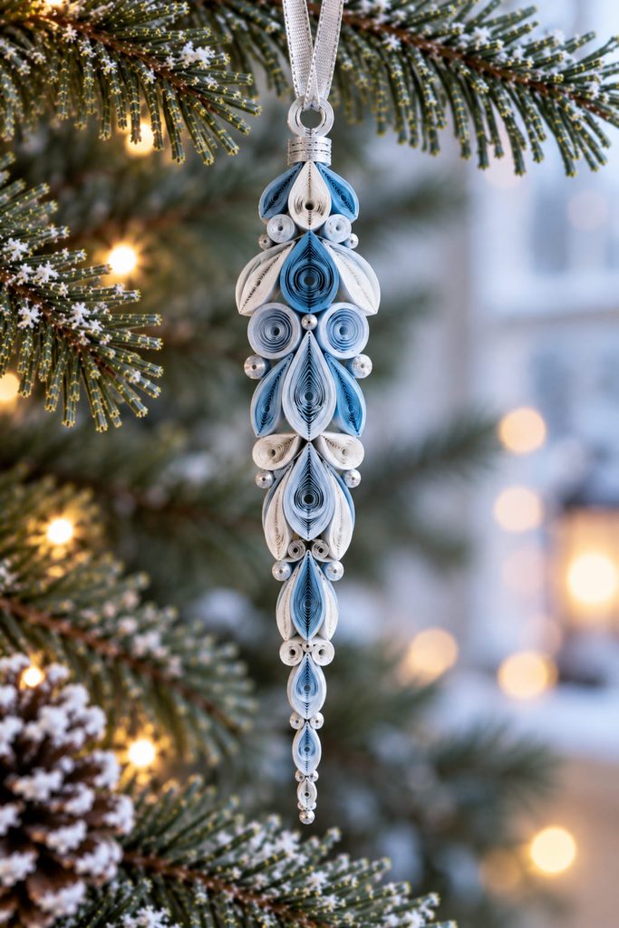 Slender blue and white quilled icicle ornament with graduated paper coils tapering to a fine point.