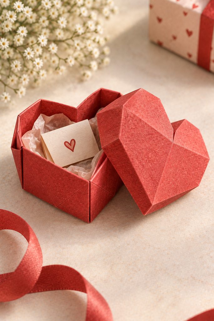 Red folded heart box holding a tiny handwritten paper note.