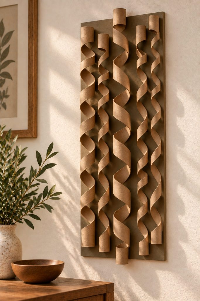Spiral-cut cardboard tube ribbons stretched into open helices on a narrow wall panel.