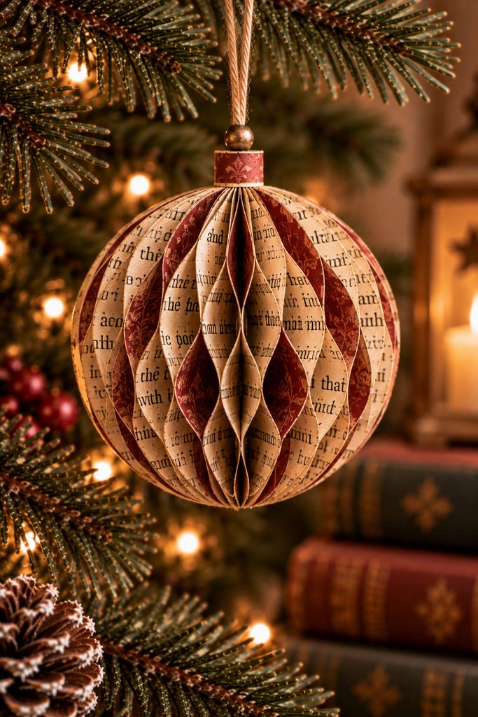 Spherical honeycomb book-page bauble with evenly opened cellular paper layers.