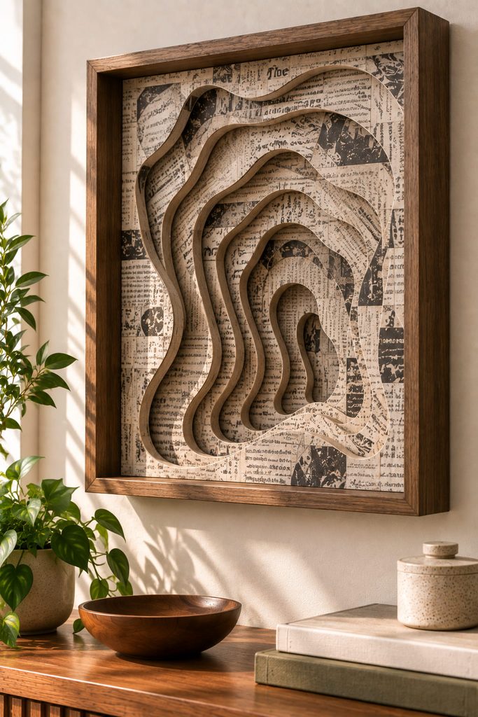 Shadow box with nested newspaper contour layers separated by shallow paperboard spacers.