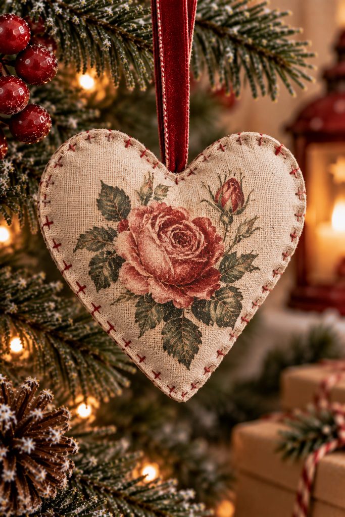 Lightly stuffed linen heart ornament with a decoupaged Victorian rose motif and stitched edge.