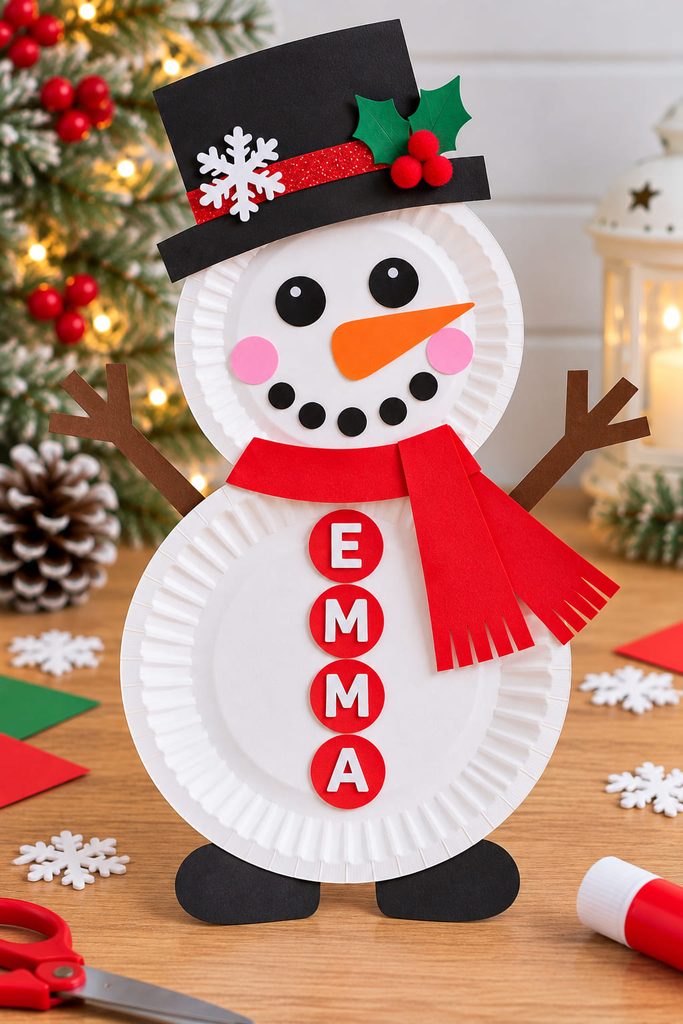 Personalized paper plate snowman with letter buttons