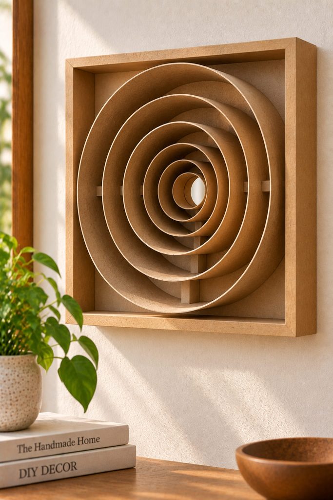Shadowbox wall art with concentric cardboard tube tunnels creating deep receding shadows.
