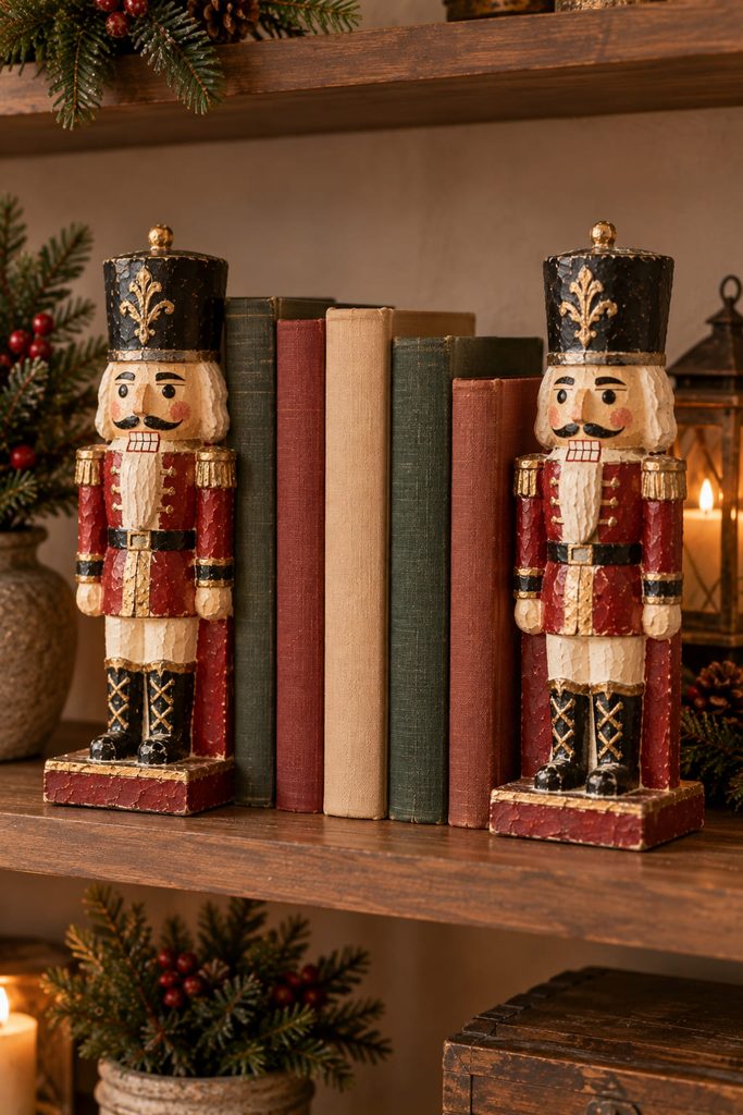 Pair of paper-mache nutcracker bookends with weighted rectangular cores holding plain clothbound books upright on a shelf.