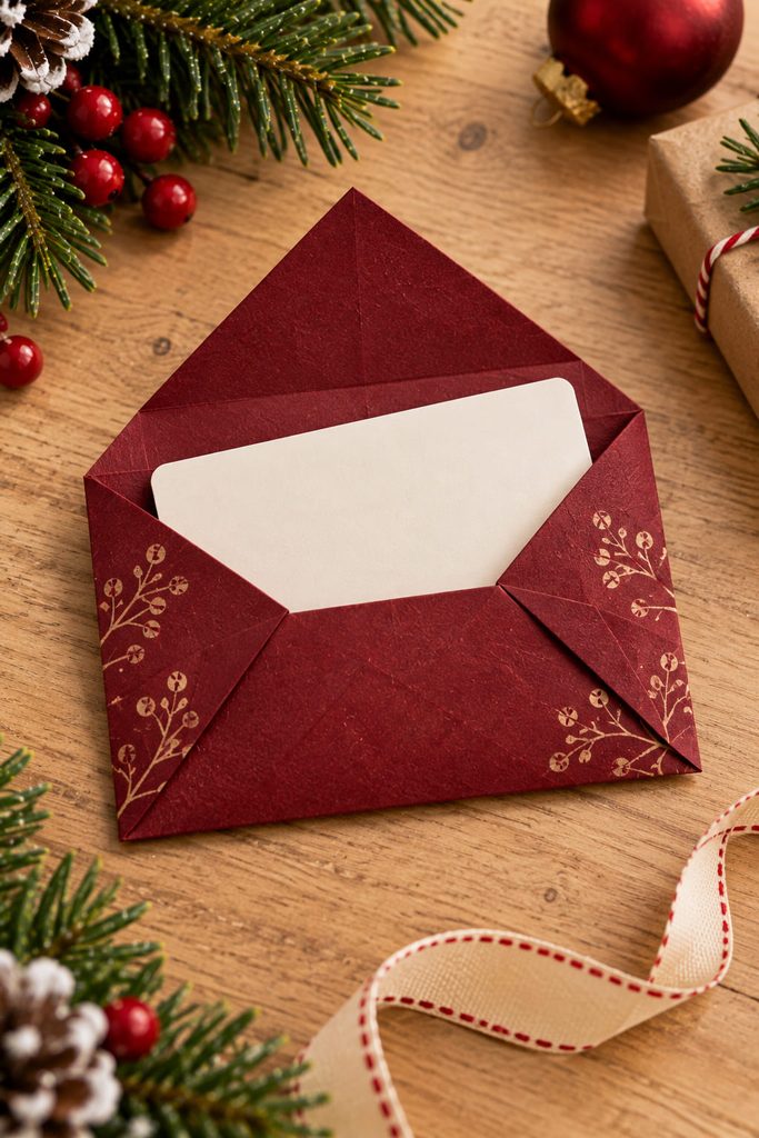 Burgundy folded origami envelope with a blank gift card partly inserted.