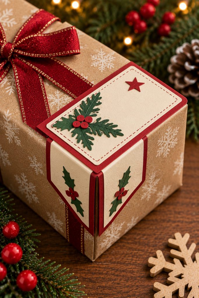Folded cardstock gift tag sleeve fitted over the corner of a wrapped box.
