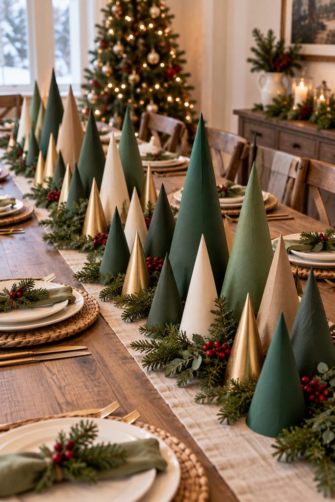 Cardstock cone trees arranged as a varied Christmas forest table runner.