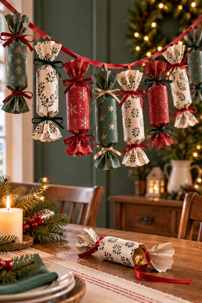 Garland of handmade paper cracker parcels with gathered tied ends for an advent countdown.