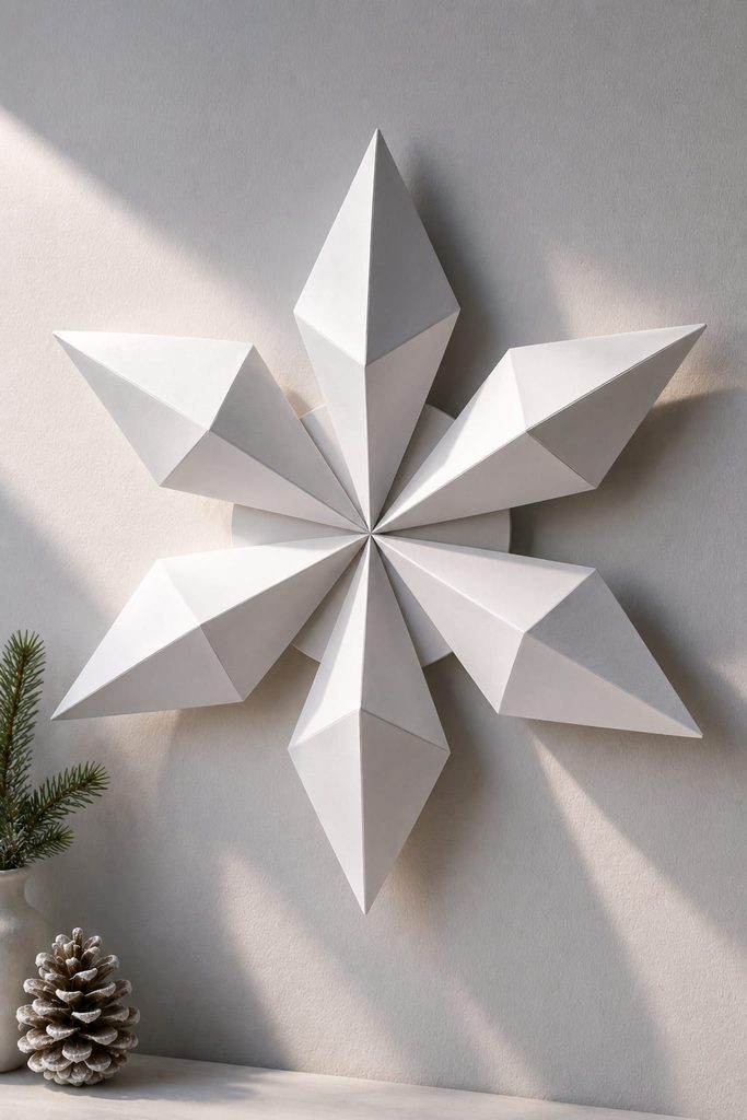 Geometric paper snowflake wall sculpture made from six projecting cardstock pyramids.