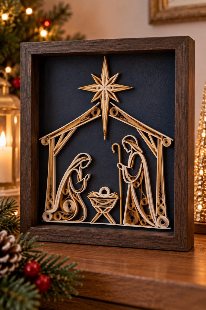 Framed quilled nativity silhouette with open negative space, edge-set paper contours, and a raised star.