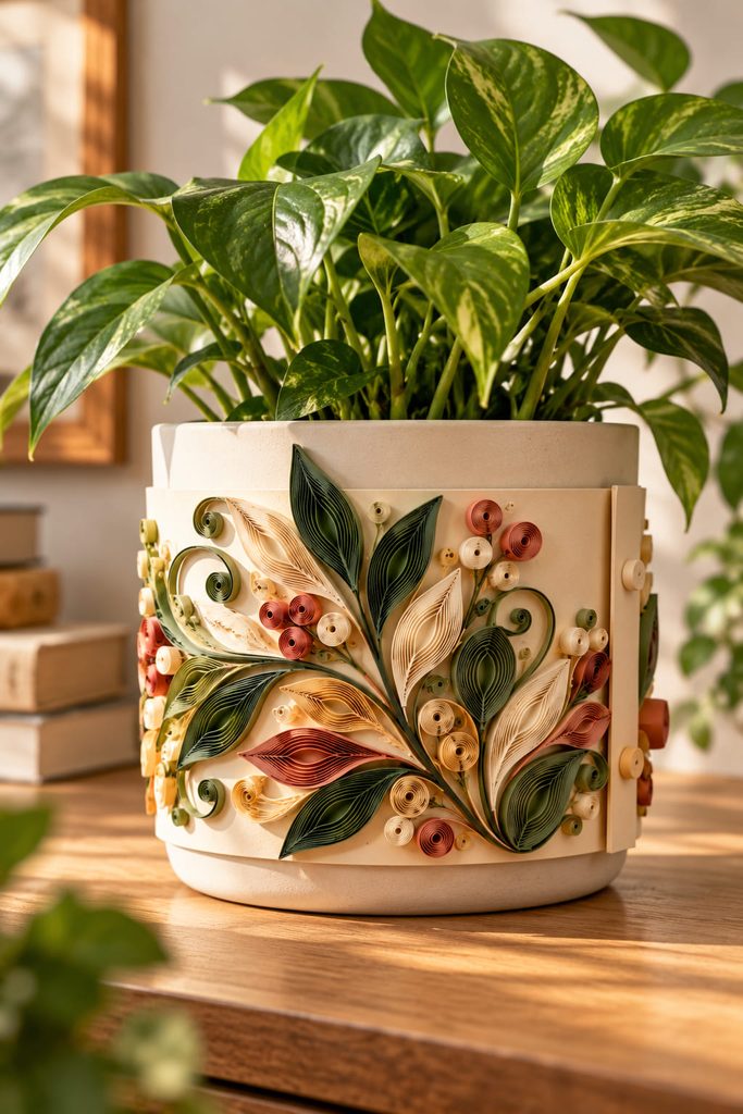Removable quilled paper collar decorating the outside of a dry plant cachepot.