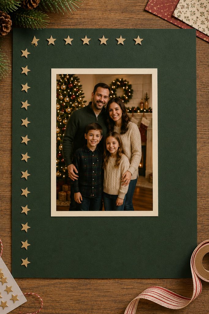 Single Christmas portrait framed by a repeated cut-paper star border along two scrapbook page edges.