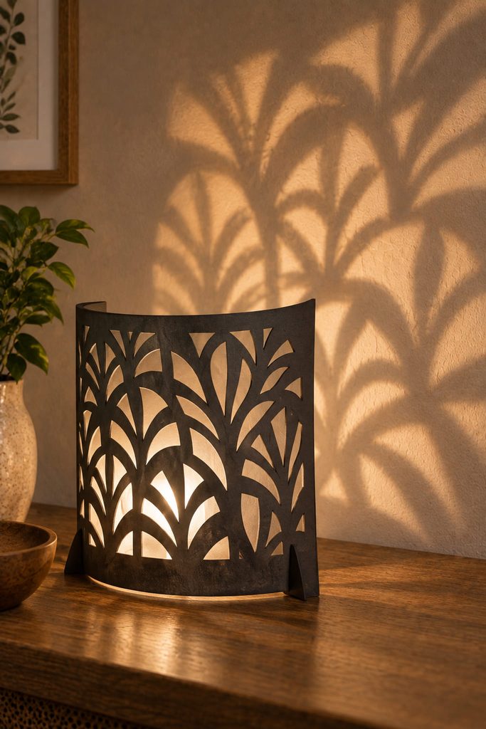 Curved charcoal cut-paper light screen projecting an abstract pattern across a warm plaster wall.