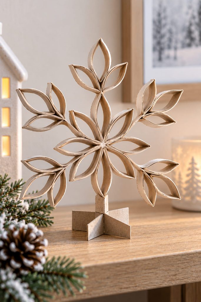 Flat cardboard-tube snowflake standing upright on a discreet crossed cardstock base.