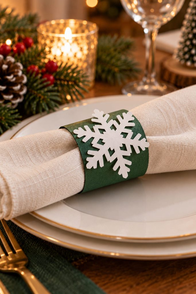 White paper snowflake attached to a green cardstock napkin ring at a Christmas place setting.