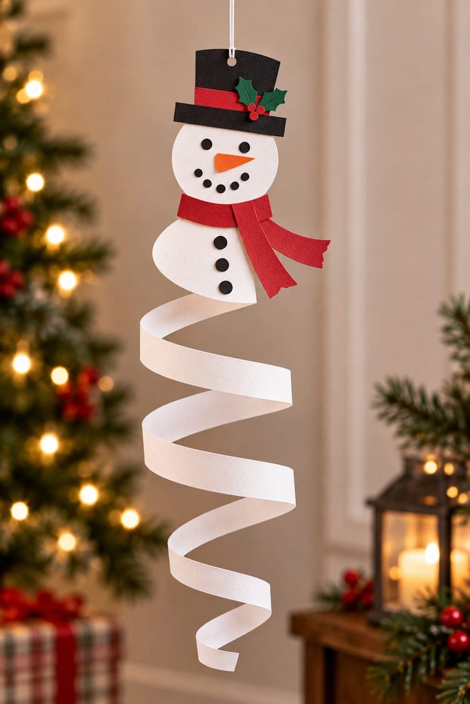 Spiral-cut construction-paper snowman spinner hanging freely from its reinforced center.