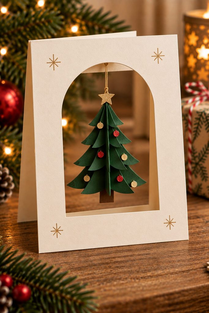 Small paper Christmas tree suspended by fine thread inside an open card window.