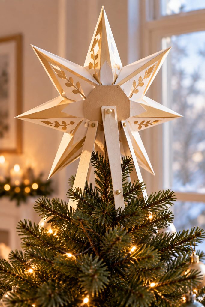 Paper star tree topper held upright by a three-tab cardstock support collar.