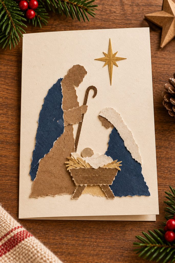 Torn-paper Holy Family silhouette collage on a simple cream Christmas card.