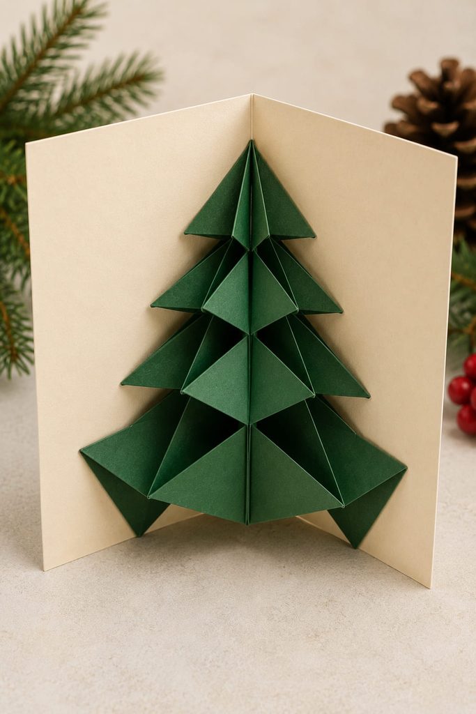 Open Christmas card with a dimensional waterbomb-base folded paper tree mechanism.