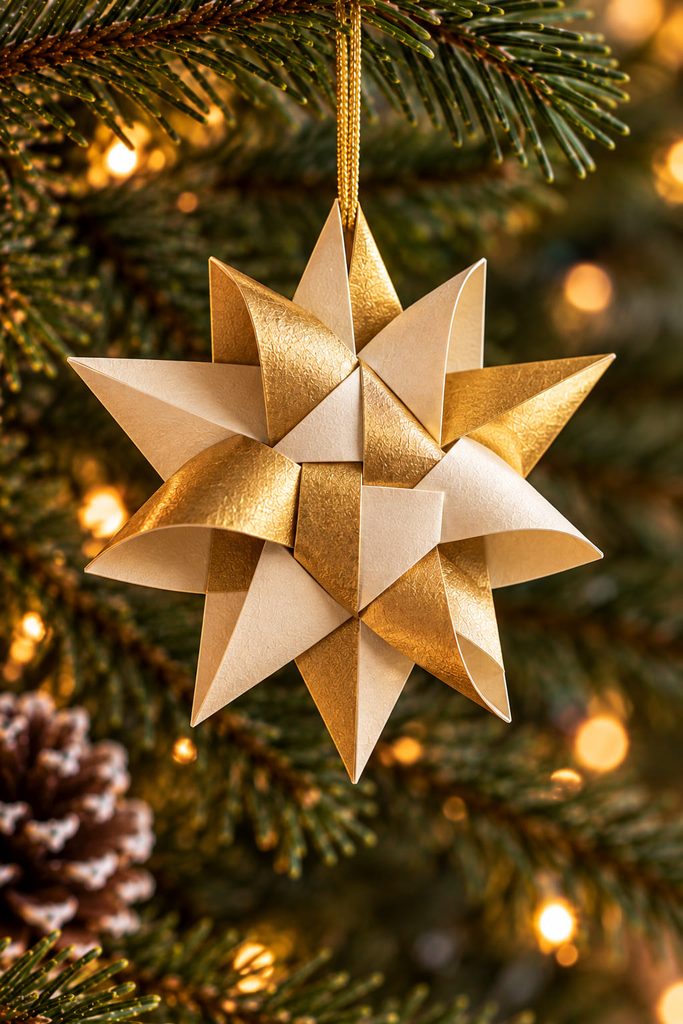 Cream and gold Fröbel star ornament with four woven paper strips, raised loops, and locked folded points.