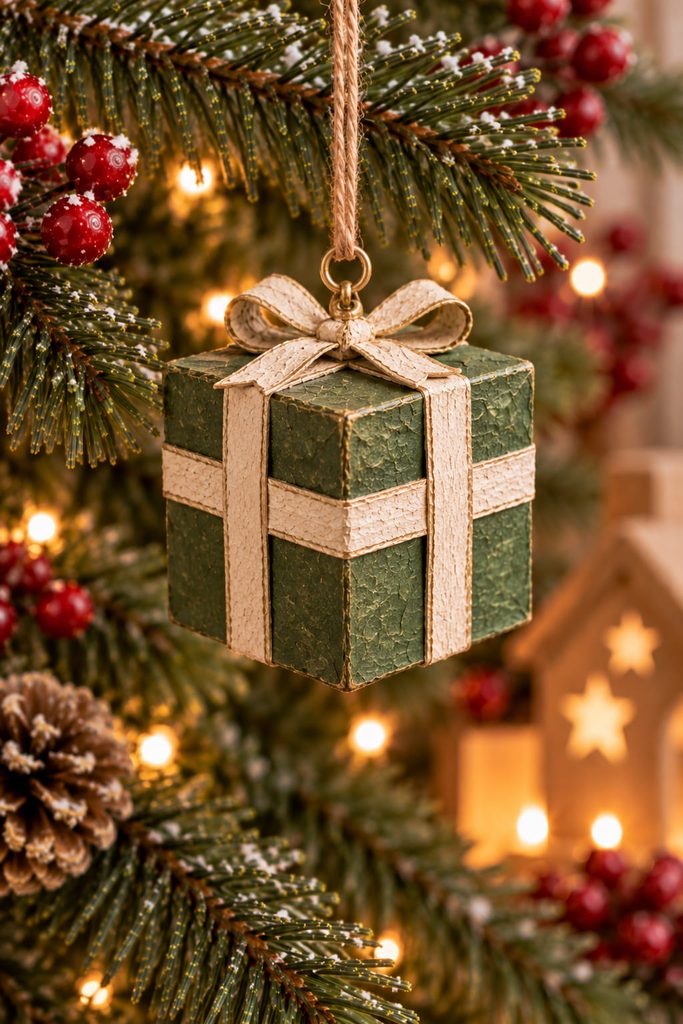 Square paper-mache gift box ornament with raised ribbon bands and a shallow handmade bow.