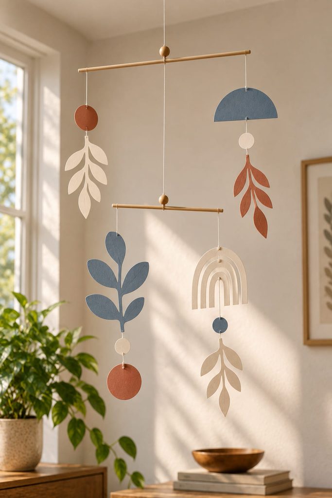 Balanced cut-paper mobile with abstract silhouettes suspended from slender wooden arms at varied pivot points.