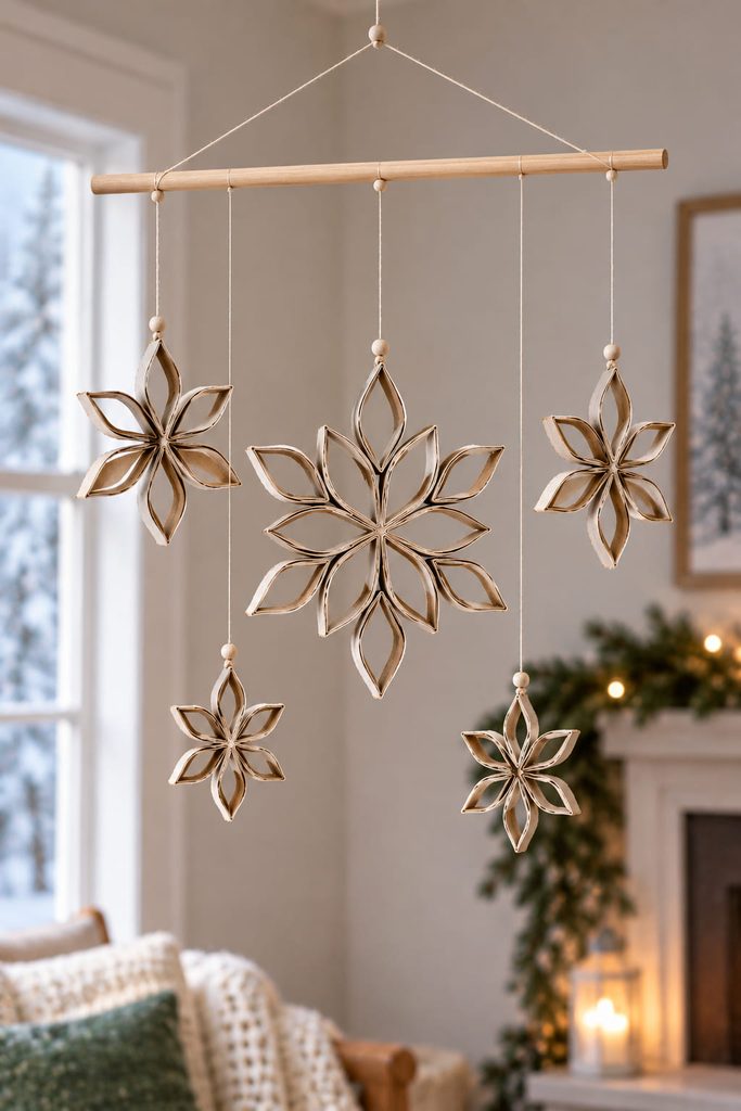 Balanced mobile with small cardboard-tube snowflakes hanging at staggered heights from a slim dowel.