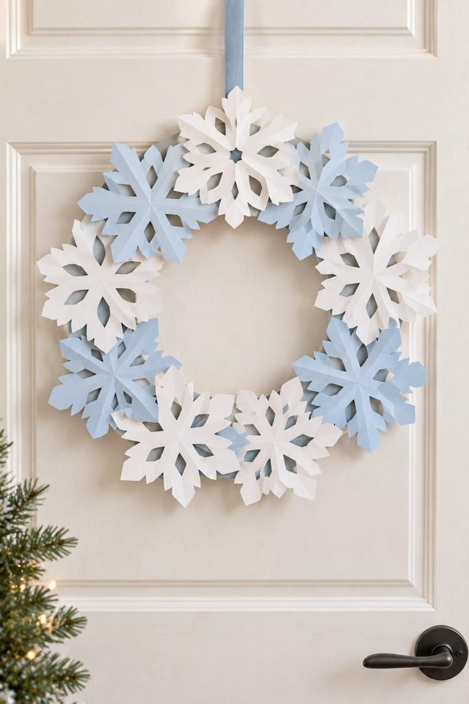 Beginner paper snowflake wreath made from sturdy overlapping cutouts.