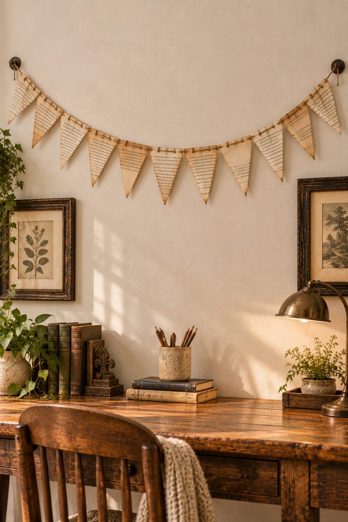 Wide wall banner of triangular book-page pennants hanging from a gently curved cord.