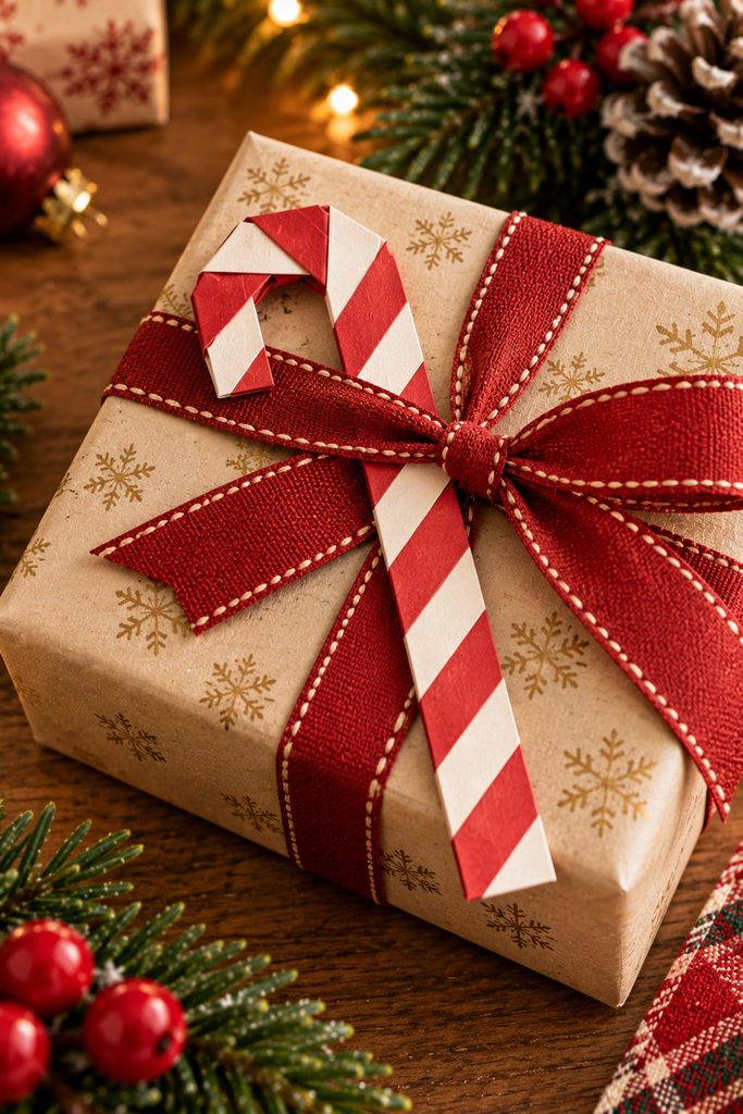 Folded red-and-white paper candy cane gift tag tucked beneath Christmas ribbon.