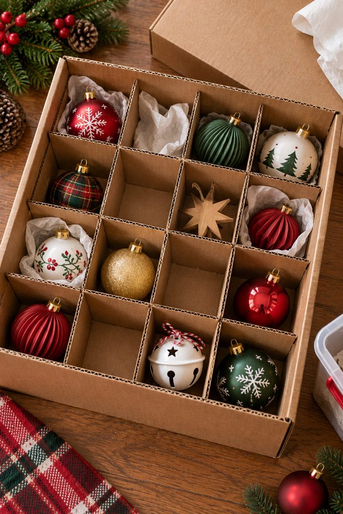 Cardboard divider grid separating Christmas ornaments inside a sturdy storage box.