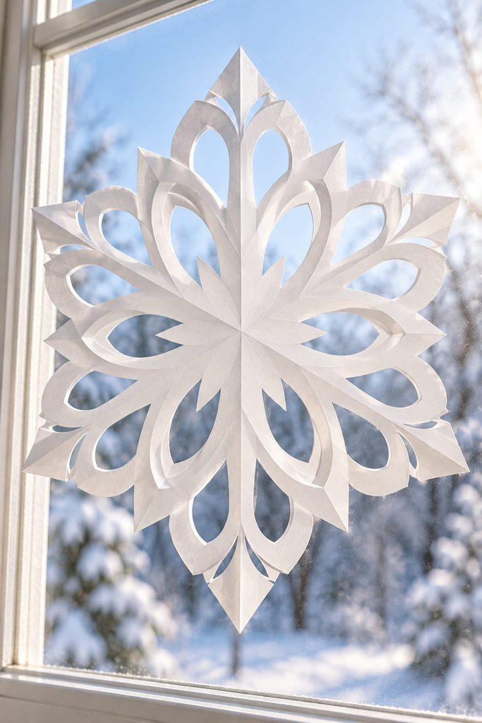 Large cathedral arch paper snowflake with repeated curved openings in a bright winter window.
