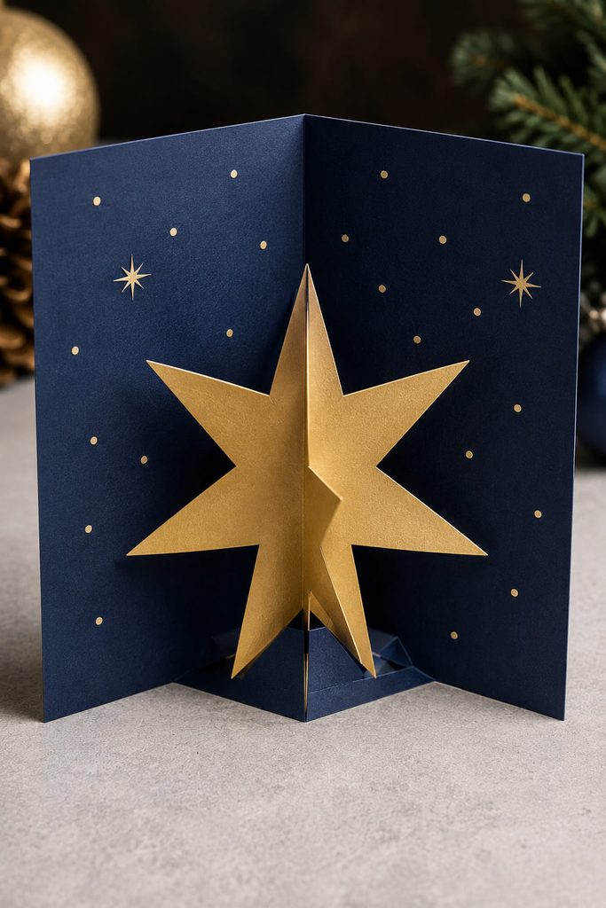 Gold cross-slice paper star standing from interlocking slotted planes inside a deep-navy card.