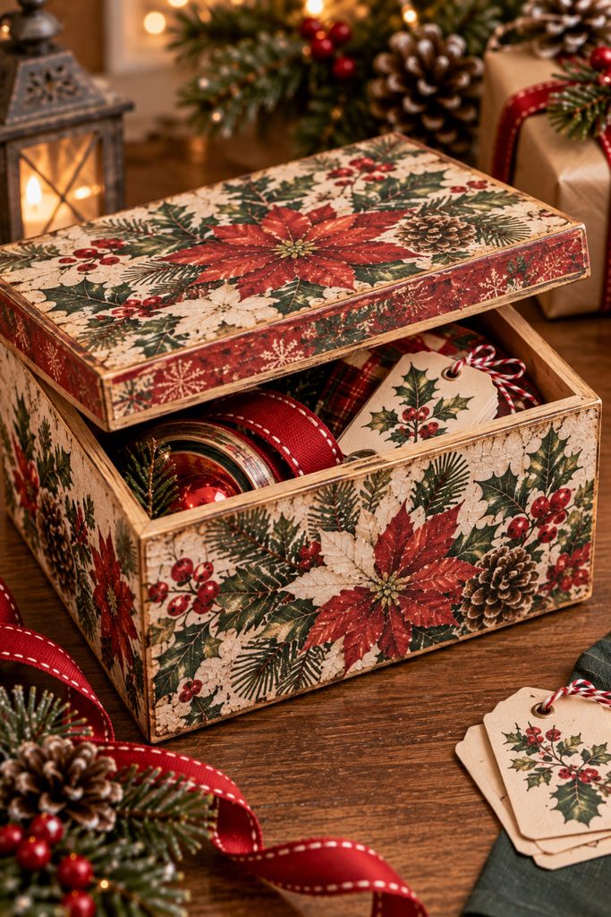 Open Christmas keepsake box with decoupaged outer surfaces, a clear lid rim, ribbon, and gift tags inside.