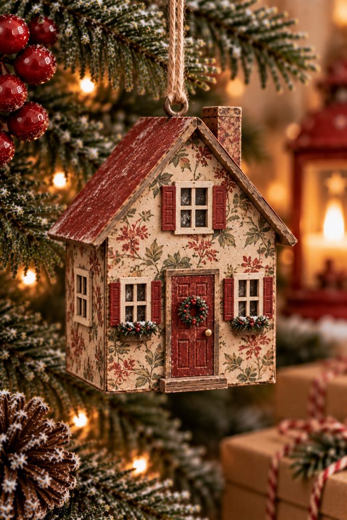 Mini chipboard house ornament with a decoupaged vintage wallpaper facade and reinforced roof hanger.