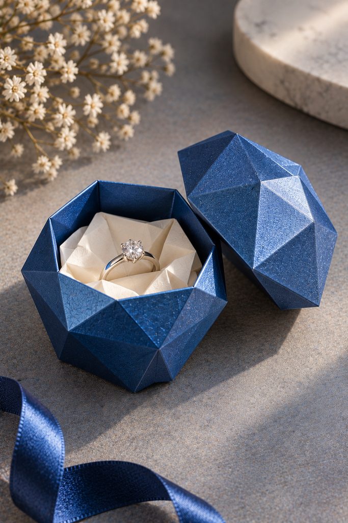 Faceted metallic blue folded paper gem box holding a ring.