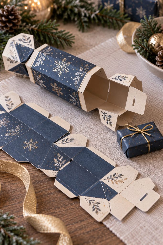 Fold-flat cracker-style favor showing scored side folds and a locking paper end tab.