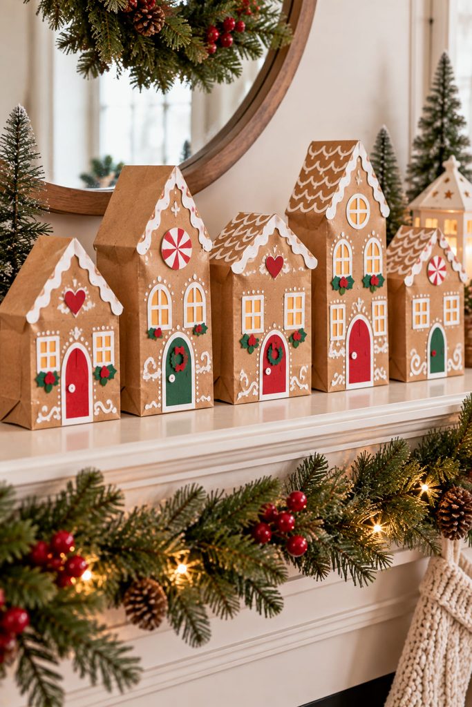 Fold-flat gingerbread village made from opened kraft lunch bags with varied rooflines and visible gussets.
