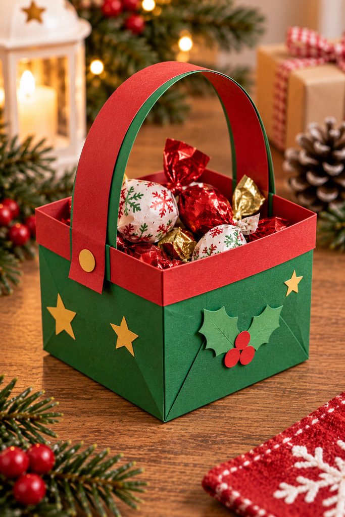 Construction-paper Christmas favor basket with a reinforced handle and wrapped treats.