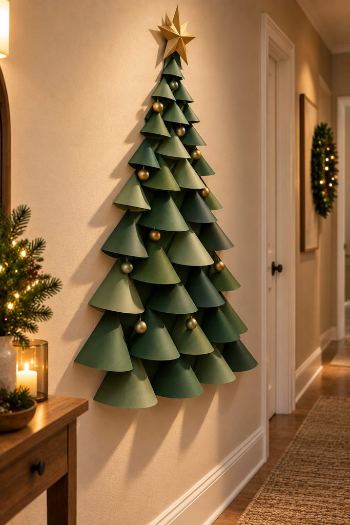 Rows of cardstock half-cones forming a sculptural Christmas tree relief on a hallway wall.