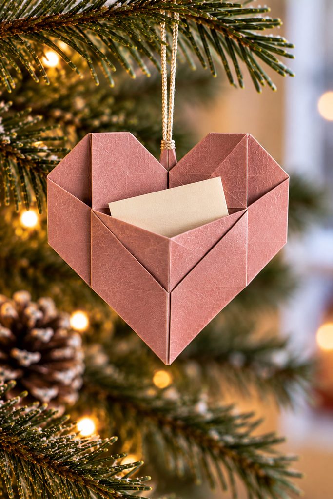 Dusty-rose folded heart pocket ornament holding a tiny cream paper note beneath a separate hanging loop.