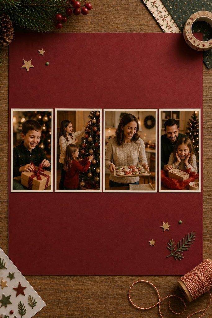 Four candid Christmas photos arranged in a clean horizontal filmstrip across a scrapbook page.