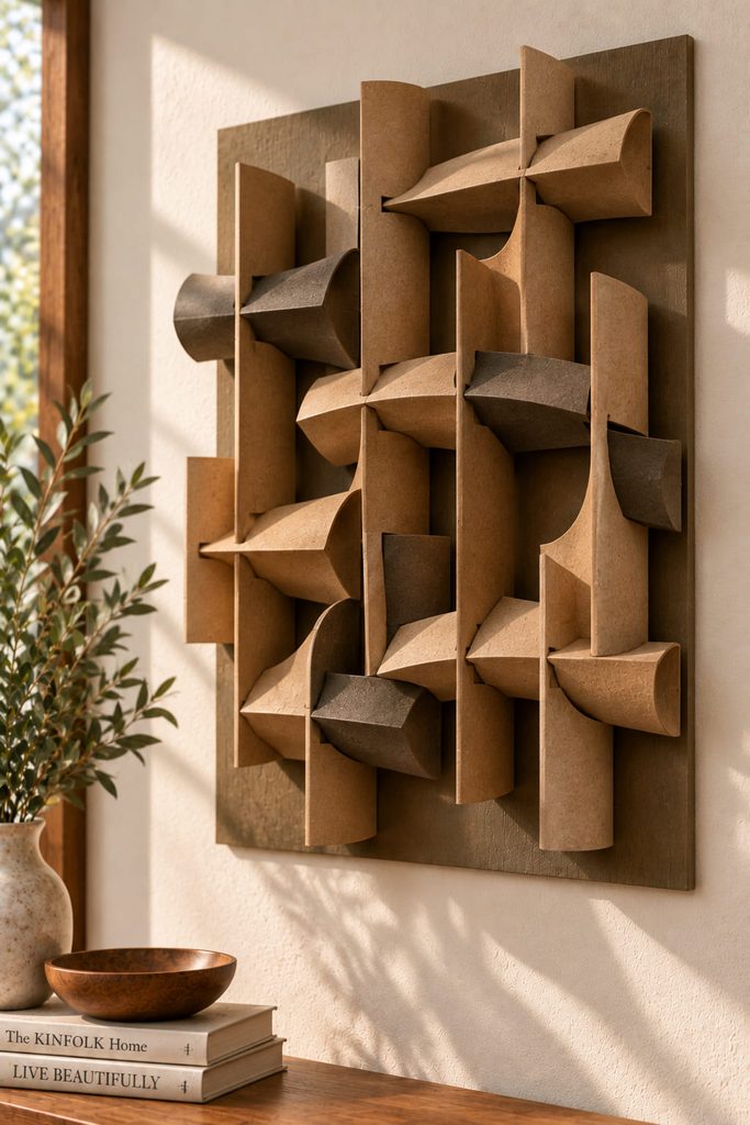 Curved cardboard ribs interlocked through fitted slots to form a deep open-cell wall sculpture.