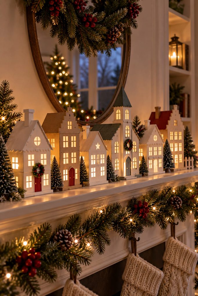 Cardstock Christmas village with vellum windows glowing from cool battery-powered LEDs.
